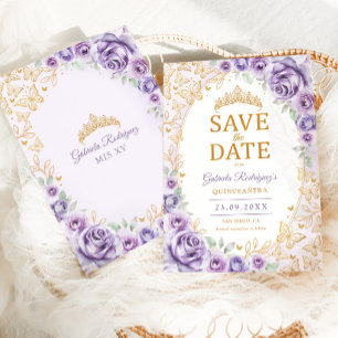 Save The Date Violet Pourpre Or Floral Quinceanera