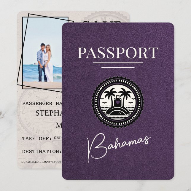 Save The Date Violet Purple Bahamas Passport Enregistrer La Date (Devant / Derrière)