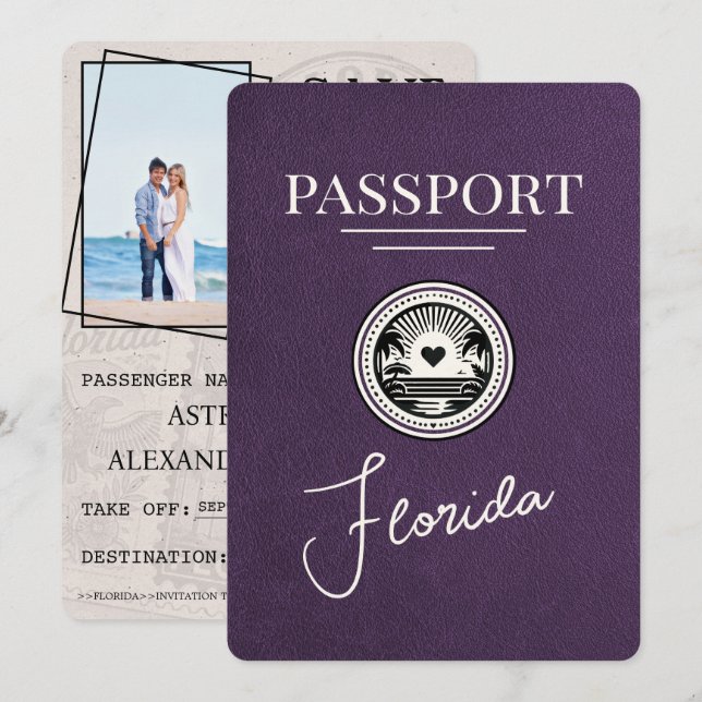 Save The Date Violet Purple Florida Passeport Enregistrer La Dat (Devant / Derrière)
