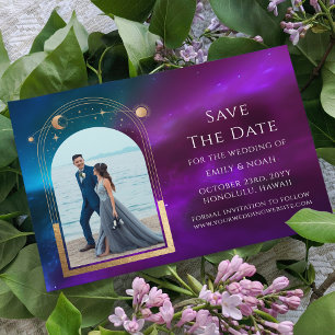 Save The Date Violet sarcelle or soleil lune étoiles célestes