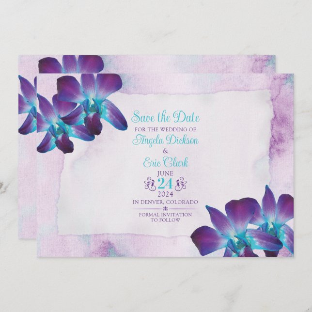 Save The Date Violet Turquoise Bleu Dendrobium Mariage orchidée (Devant / Derrière)