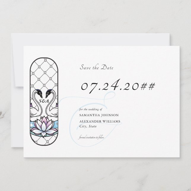 Save The Date Vitrail Fantaisie Cygnes Nymphéas Mariage (Devant)