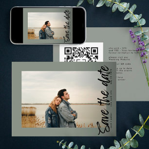 Save The Date Voies latérales QR Code Moderne Simple Photo Moss 