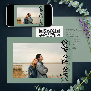 Save The Date Voies latérales QR Code Photo Sage Vert Blanc