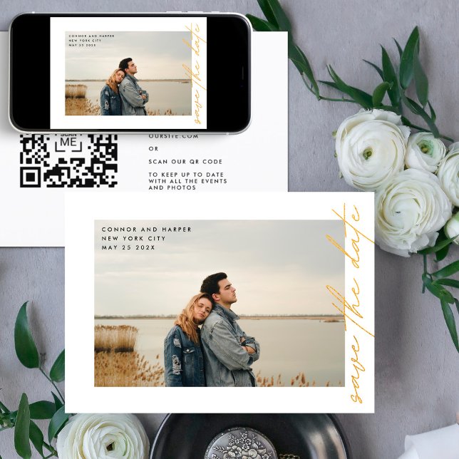 Save The Date Voies latérales QR Code Simplement Elegant Gold Ph (Créateur téléchargé)