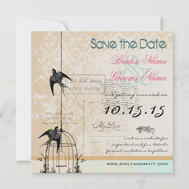 Save The Date Votre Photo Cage à Oiseaux en Damassé Mariage Sauv (Devant)