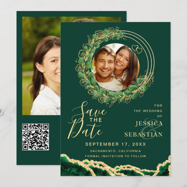 Save The Date Votre photo QR Code Emerald Green & Gold (Devant / Derrière)
