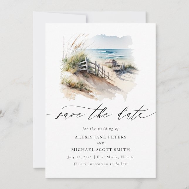 Save The Date Watercolor Beach Calligraphie côtière (Devant)