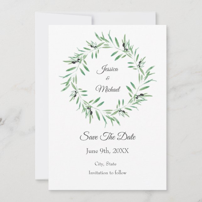 Save The Date Watercolor Black Olive Wreath (Devant)