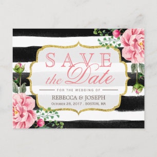 Save the Date Watercolor Blush Pink Floral Stripes Announcement Postcard