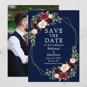 Save The Date Watercolor Bourgogne Floral Photo Geo Frame Blue