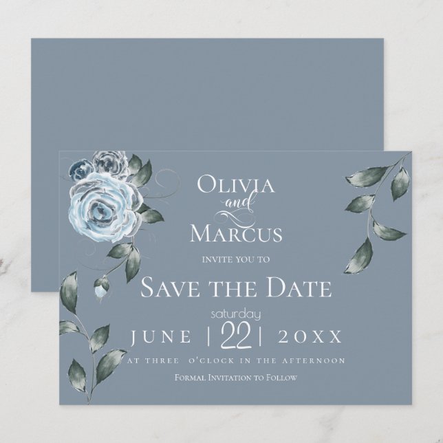 SAVE THE DATE | Watercolor Dusty Blue Floral Invitation (Front/Back)