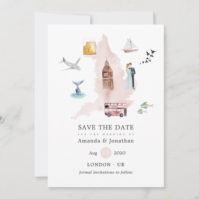 Save The Date Watercolor England Royaume-Uni Mariage (Devant)