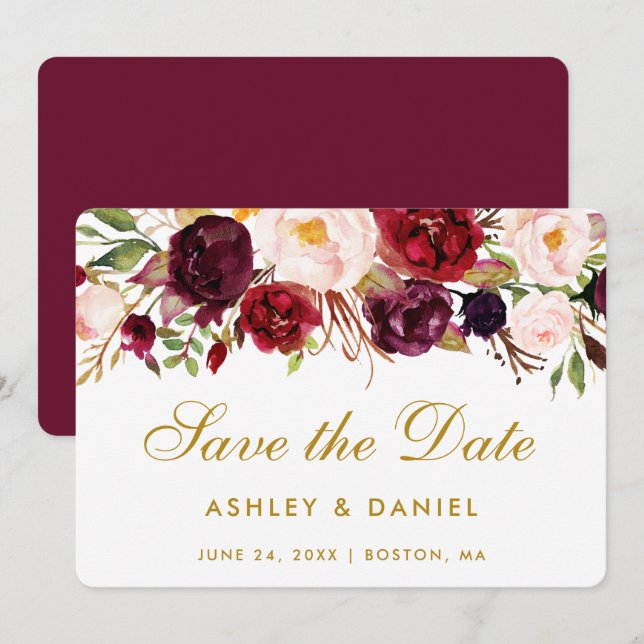 Save The Date Watercolor Floral Burgundy Gold GB (Front/Back)