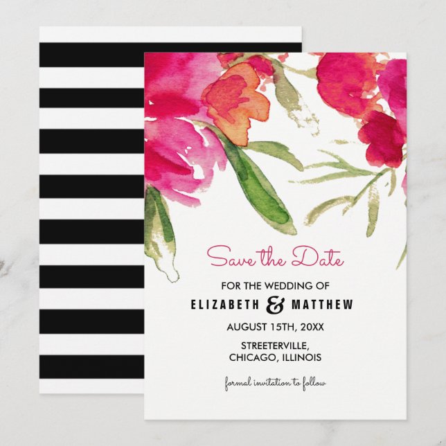 Save the Date. Watercolor Fuchsia Floral Wedding  Date (Front/Back)