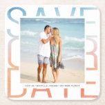 Save the Date Watercolor Ombre Photo Announcement Square Paper Coaster<br><div class="desc">Save the Date Photo Wedding Announcement.  Radiant stacked text in watercolor gradient beach colours with framed centred photo. Completely versatile do-it-yourself style layout. Easily adjust the size and placement of the photo and frame,  or change the font style and placement of custom text field in advanced Customize mode.</div>