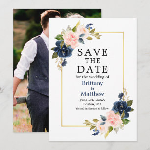 Save The Date Watercolor Pink Roses Navy Blue Photo Gold Frame