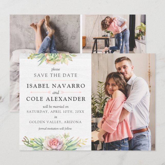 Save The Date Watercolor Succulent 4-Photo Card (Front/Back)