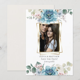 Save the Date Watercolor Teal Peony Flowers Invitation