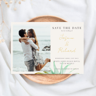 Save The Date Watercolor Tropical Palm Destination Wedding Photo