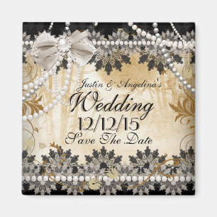 Save The Date Wedding Black Cream Beige Magnet