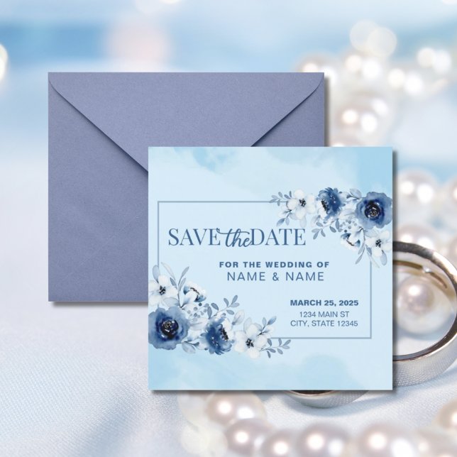 Save The Date Wedding Blue Watercolor Floral Invitation (Creator Uploaded)