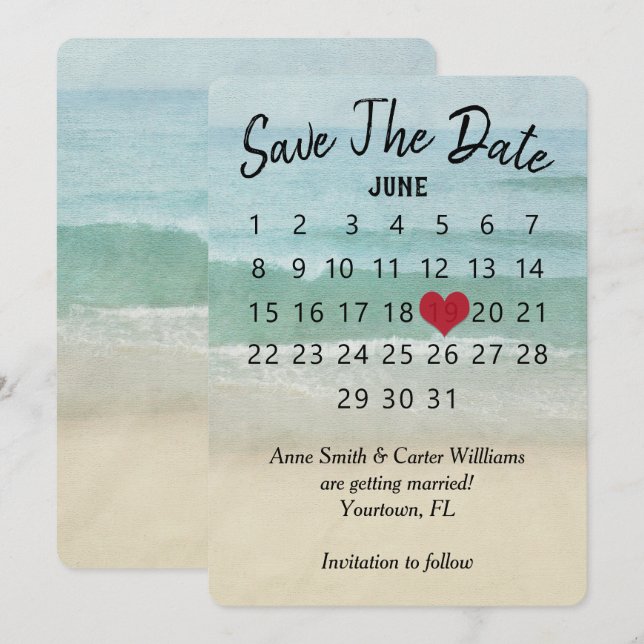 Save the Date Wedding Calendar Ocean Beach Invitation (Front/Back)