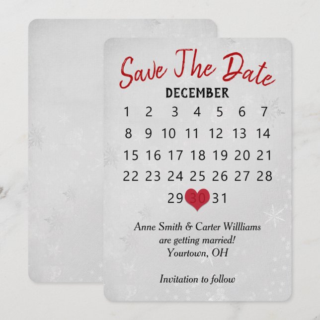 Save the Date Wedding Calendar Silver Snowflakes Invitation (Front/Back)