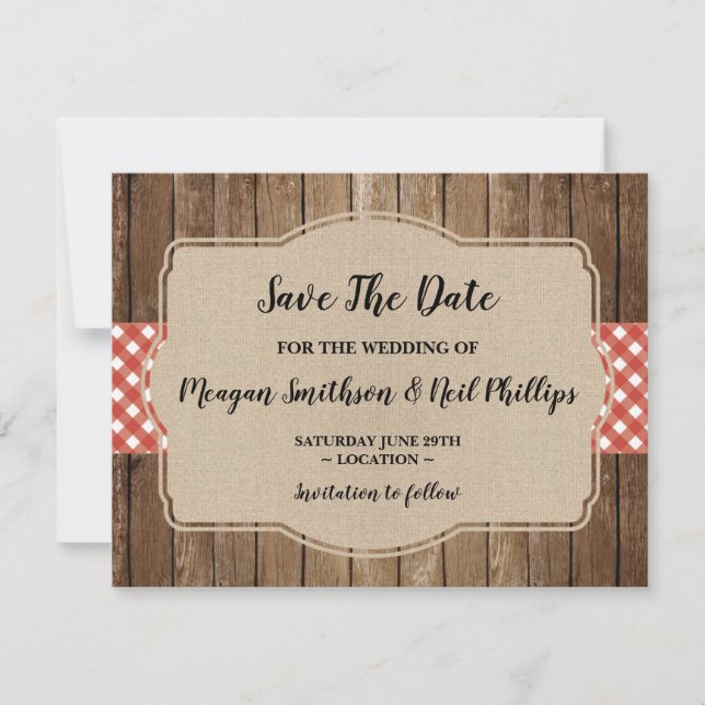 Save The Date Wedding Card Red Gingham Burlap BBQ (Front)