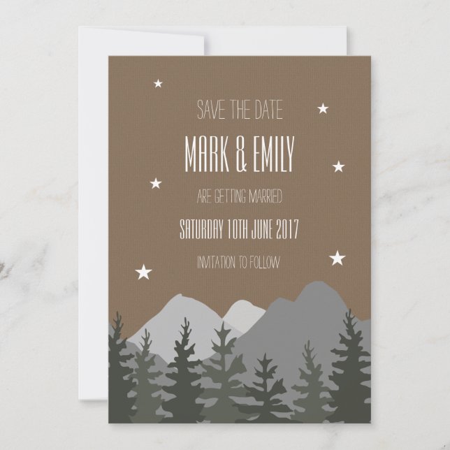Save the Date Wedding Card Trees and Mountains (Front)