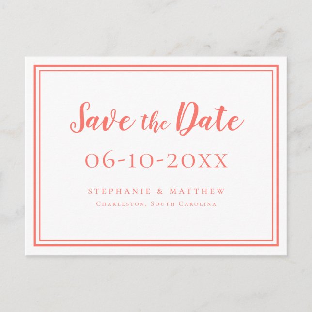 Save The Date Wedding Coral White Simple Modern Announcement Postcard (Front)