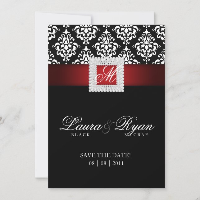 Save the Date Wedding Damask Jewel Red Black White (Front)