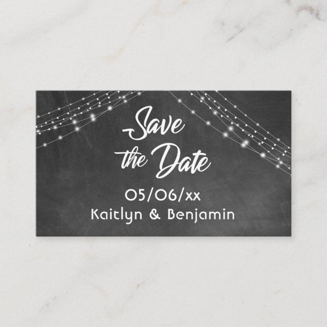 Save the Date Wedding Details Lights on Chalkboard Business Card (Front)