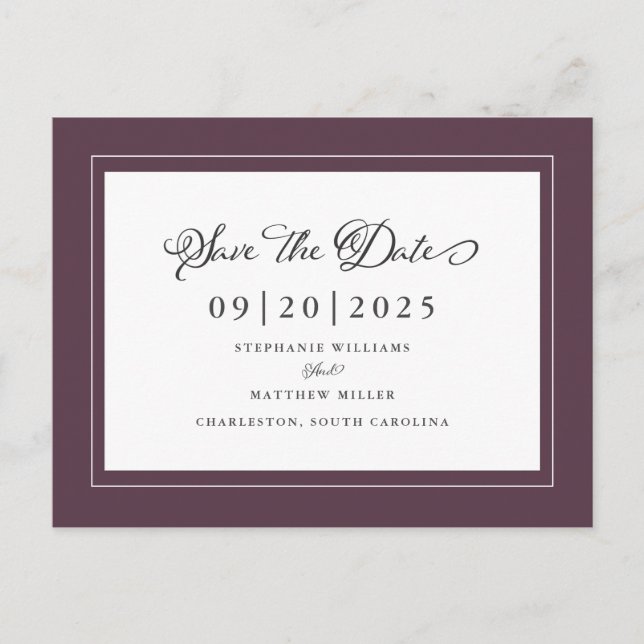 Save The Date Wedding Elegant Purple Modern Script Announcement Postcard (Front)