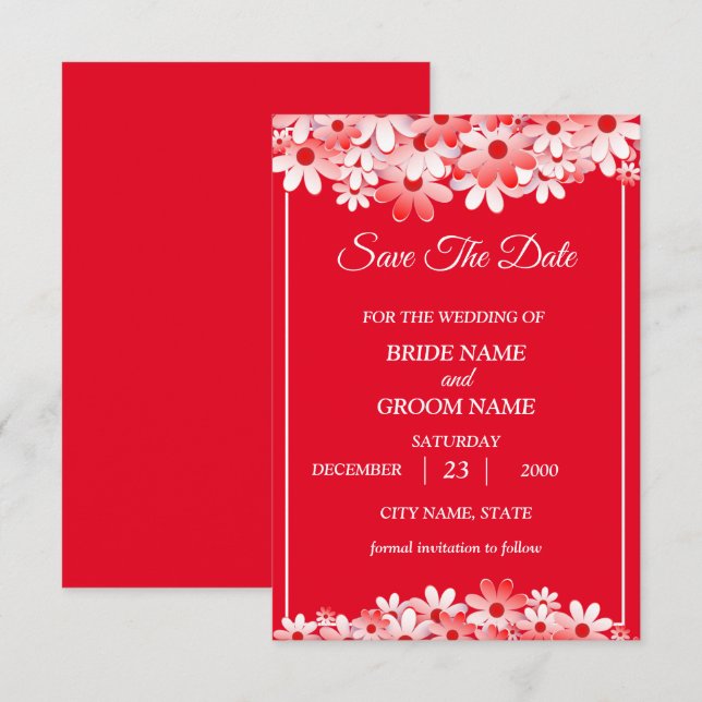 Save The Date Wedding Elegant Red White Floral (Devant / Derrière)