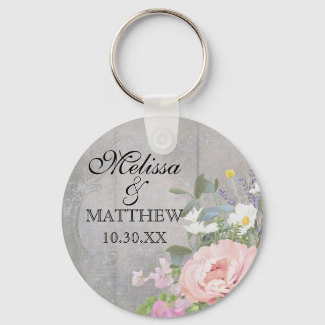 Save the Date Wedding Favours Rustic Wood Floral Keychain (Front)