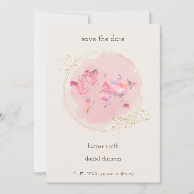 Save The Date Wedding Gold Effect World Map (Devant)