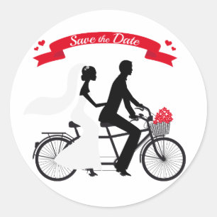 Save the date, wedding invitation tandem bicycle classic round sticker