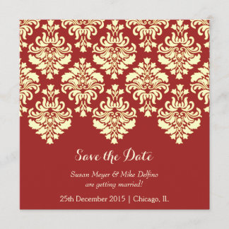 Save the date wedding invite card red damask