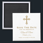 Save The Date Wedding Magnet : Religious Cross<br><div class="desc">Christian Cross personalized Save the Date wedding magnet in white with gold lettering.  Text is fully customizable.  Background colour can be changed.  Designed by Heard_.</div>