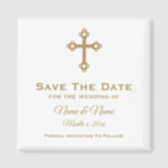 Save The Date Wedding Magnet : Religious Cross<br><div class="desc">Christian Cross personalized Save the Date wedding magnet in white with gold lettering.  Text is fully customizable.  Background colour can be changed.  Designed by Heard_.</div>