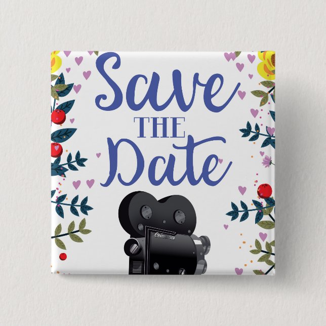 Save The Date Wedding Movie Camera 2 Inch Square Button (Front)