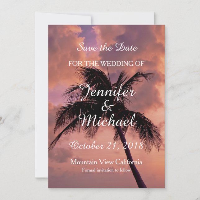Save the Date Wedding Palm Tree Sunset Beach (Front)