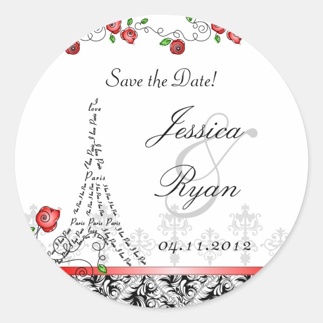 Save the Date Wedding Paris Black White Red Xmas Classic Round Sticker (Front)