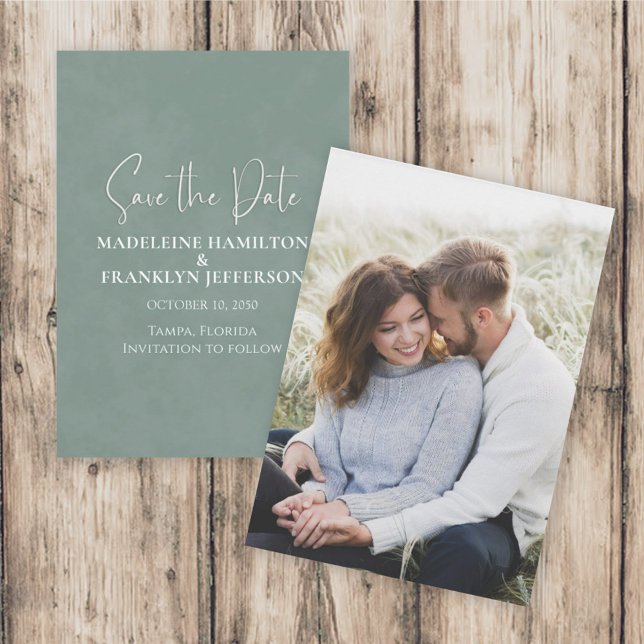 Save the Date Wedding Photo Green Elegant Script (Creator Uploaded)