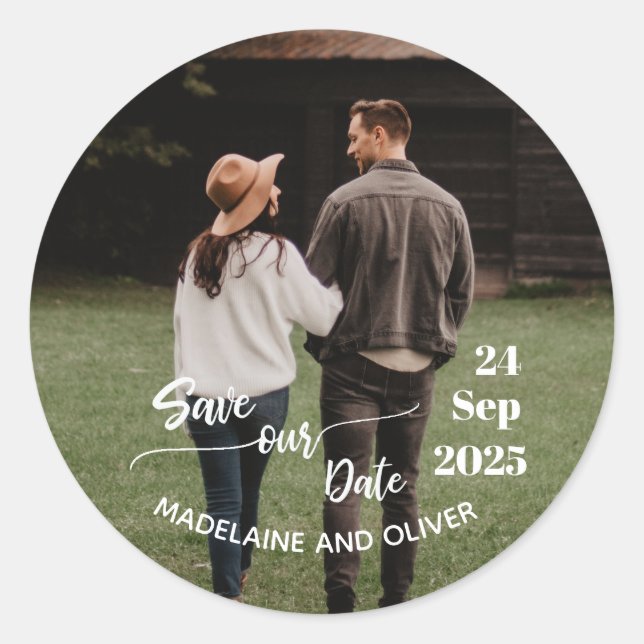 Save the Date Wedding Photo Modern Classic Round Sticker (Front)