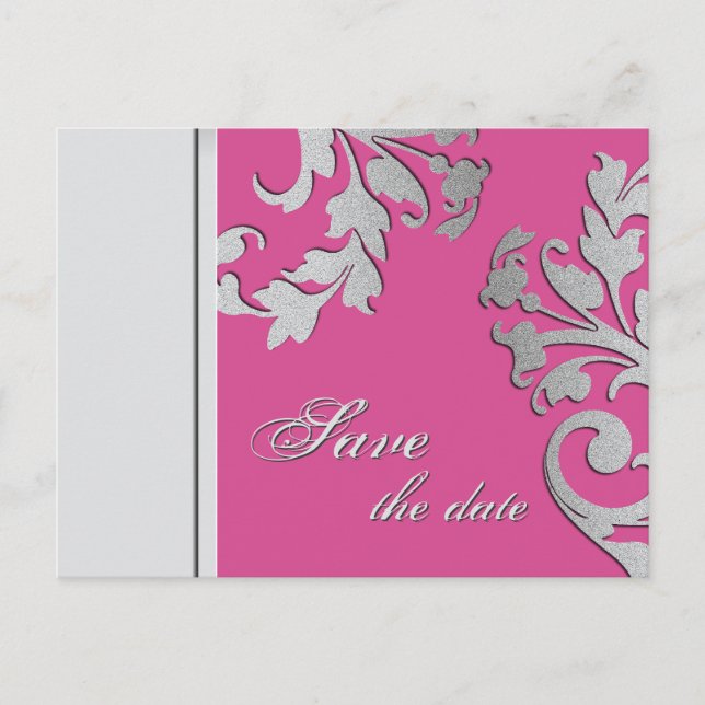 Save the Date Wedding Postcard Fuchsia Pink Silver (Front)