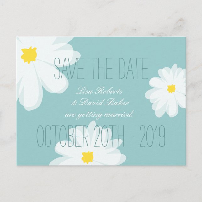 Save the date wedding postcard | Teal white floral (Front)