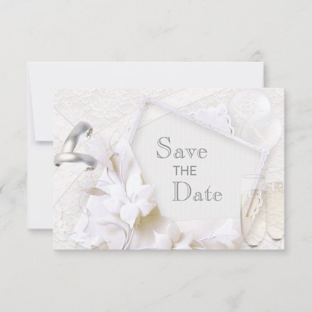 Save The Date Wedding Rings & Champagne Flutes (Front)