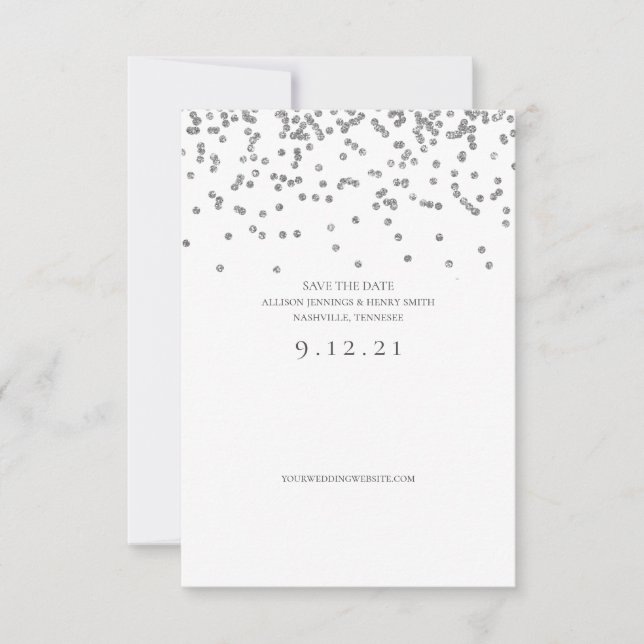 Save the Date Wedding Silver Glitter Confetti Card (Front)